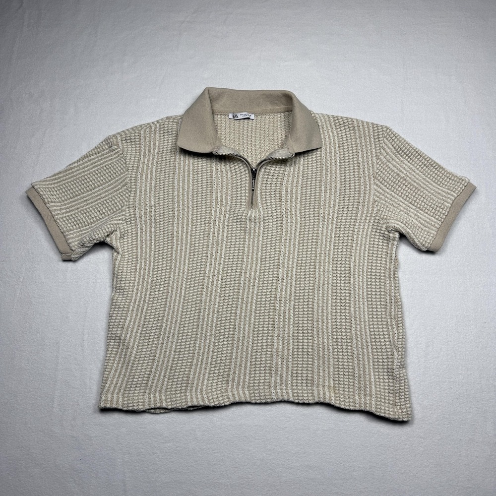 Zara Polo Shirt Womens Small Beige Knit Half Zip Short Sleeve Striped Top